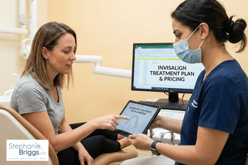 Dentist showing patient Invisalign treatment plan and pricing